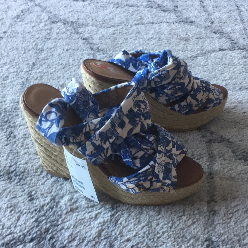 H&M blue and white ankle-tie wedges